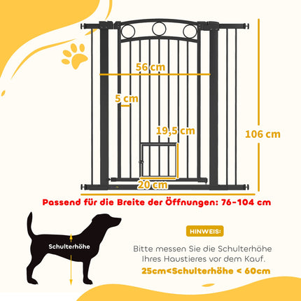 Poartă pentru animale de companie 106 cm, lățime reglabilă, ușă pentru pisici, neagră