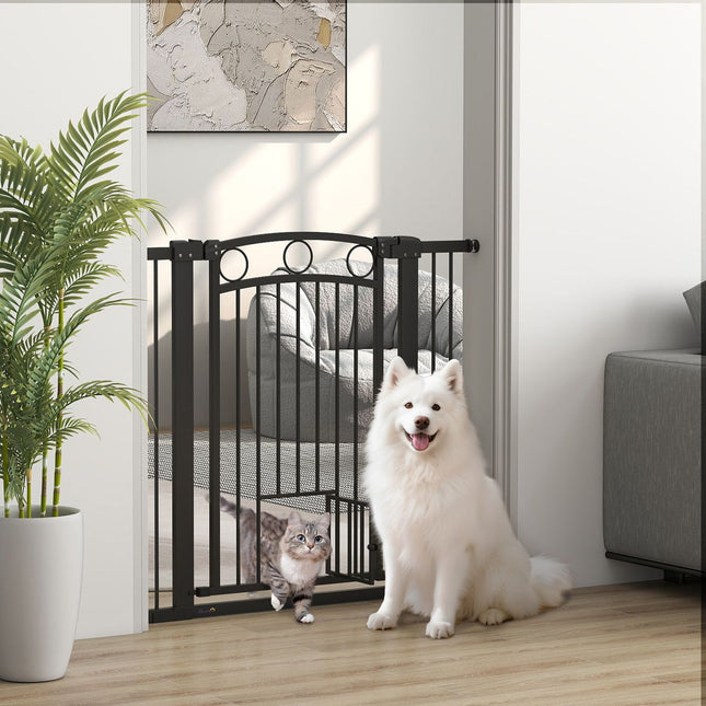 Poartă pentru animale, 96 cm, reglabilă 76-104 cm, Ușă pentru pisici, Neagră
