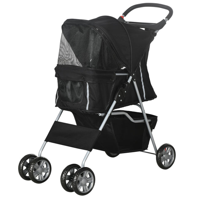 Cărucior pentru câini de talie mică, pliabil, negru, capacitate 10 kg
