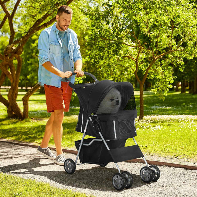 Cărucior pentru câini de talie mică, pliabil, negru, capacitate 10 kg