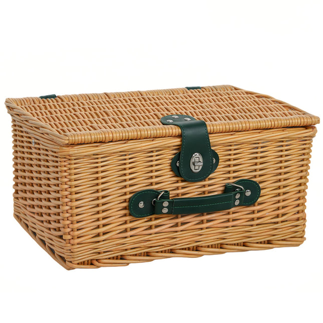 Coș de picnic din lemn de salcie, valiză de picnic pentru 2 persoane cu compartiment frigorific izolat, set de tacâmuri, set de picnic, set complet pentru camping, plajă, Crăciun, maro deschis