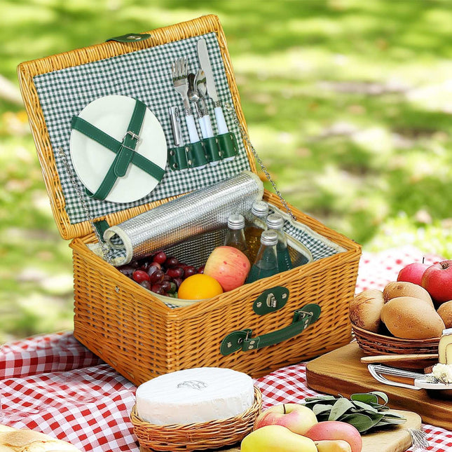 Coș de picnic din lemn de salcie, valiză de picnic pentru 2 persoane cu compartiment frigorific izolat, set de tacâmuri, set de picnic, set complet pentru camping, plajă, Crăciun, maro deschis