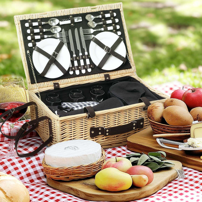 Coș de picnic din lemn de salcie, valiză de picnic pentru 4 persoane cu compartiment de răcire izolat, pătură de picnic, set de tacâmuri, set de picnic, set complet pentru camping, plajă, Crăciun, lemn natural