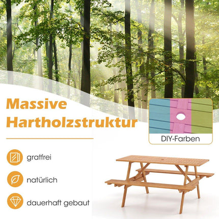 Picnic table for 6 people, rectangular garden table with 2 integrated benches and umbrella hole 150 x 139 x 75 cm natural