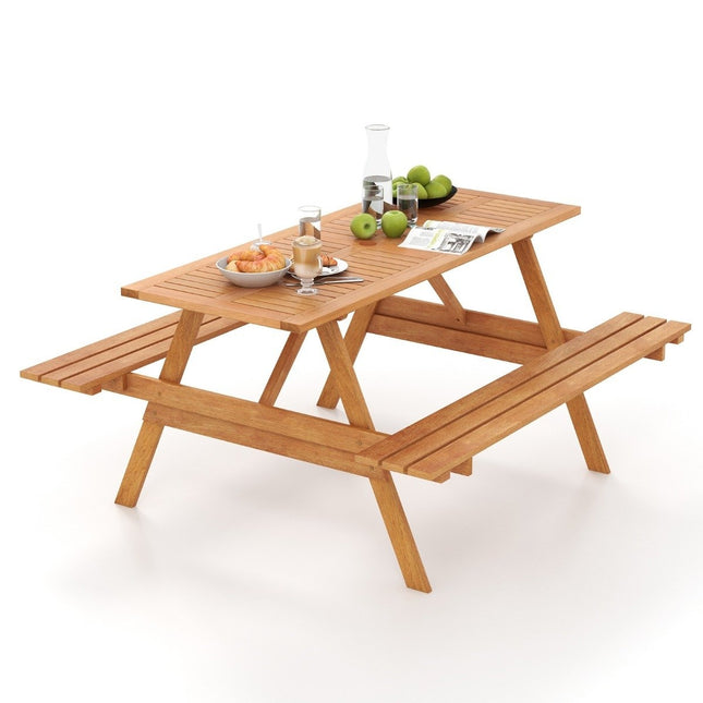 Masa de picnic pentru 6 persoane, masa de gradina dreptunghiulara cu 2 banci integrate si gaura pentru umbrela 150 x 139 x 75 cm natural