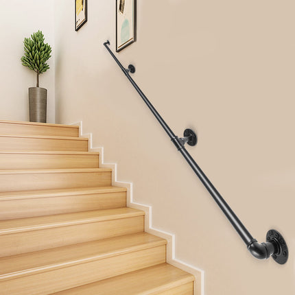 Pipe Stair Handrail, 9 Ft Carbon Steel Wall Mount, Black