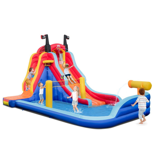 Parc acvatic gonflabil 5 în 1 cu tematică piraților, cu tobogan, piscină pentru copii, coș de baschet și perete de cățărat fără suflantă