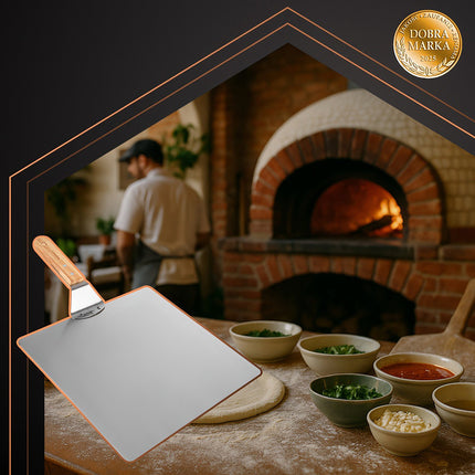 Pala de pizza cu mâner din silicon – oțel inoxidabil, lemn