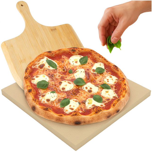 Piatră de pizza 38x36 cm cu spatulă din bambus, cordierit