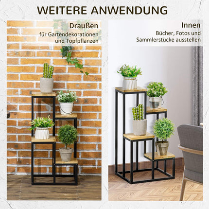 Raft pentru plante, scari de flori cu 4 niveluri, suport pentru plante cu mai multe niveluri, suport pentru plante pentru gradina, balcon, lemn, natural, 34 X 34 X 66Cm