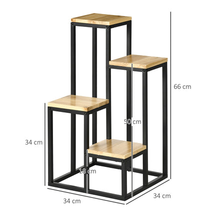 Raft pentru plante, scari de flori cu 4 niveluri, suport pentru plante cu mai multe niveluri, suport pentru plante pentru gradina, balcon, lemn, natural, 34 X 34 X 66Cm