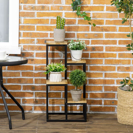 Raft pentru plante, scari de flori cu 4 niveluri, suport pentru plante cu mai multe niveluri, suport pentru plante pentru gradina, balcon, lemn, natural, 34 X 34 X 66Cm