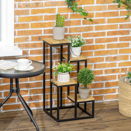 Raft pentru plante, scari de flori cu 4 niveluri, suport pentru plante cu mai multe niveluri, suport pentru plante pentru gradina, balcon, lemn, natural, 34 X 34 X 66Cm