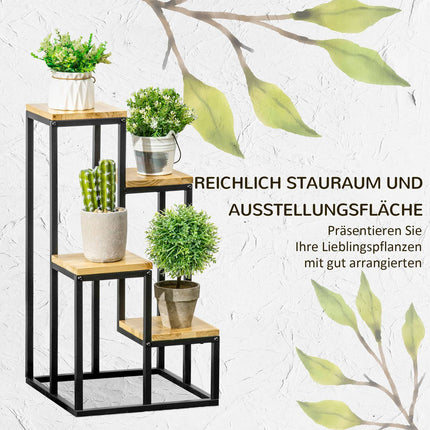 Raft pentru plante, scari de flori cu 4 niveluri, suport pentru plante cu mai multe niveluri, suport pentru plante pentru gradina, balcon, lemn, natural, 34 X 34 X 66Cm