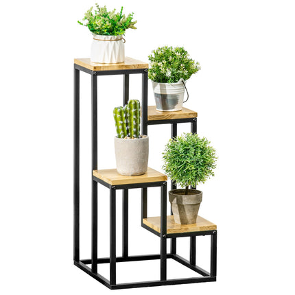 Raft pentru plante, scari de flori cu 4 niveluri, suport pentru plante cu mai multe niveluri, suport pentru plante pentru gradina, balcon, lemn, natural, 34 X 34 X 66Cm