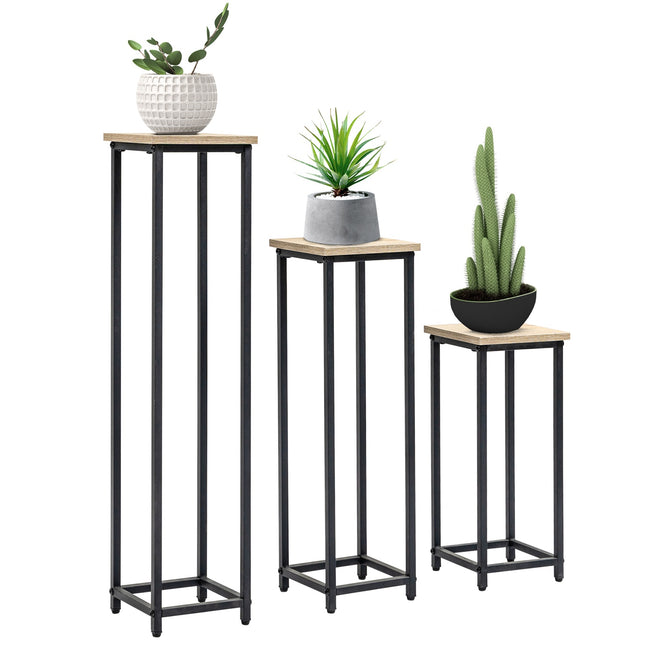 Set de suport pentru plante Taburet de flori din 3 piese și suport pentru ghiveci din oțel, negru + natural