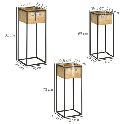 Square spruce wood plant stool set - metal legs, natural finish