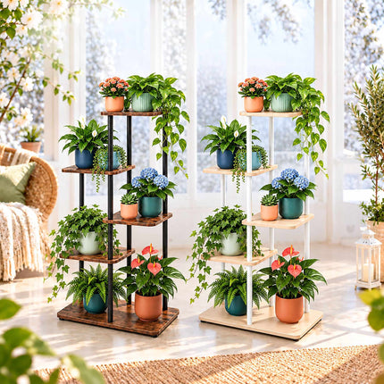 Plant Stand with 5 Square Shelves, Iron and MDF – White, 107 cm High
