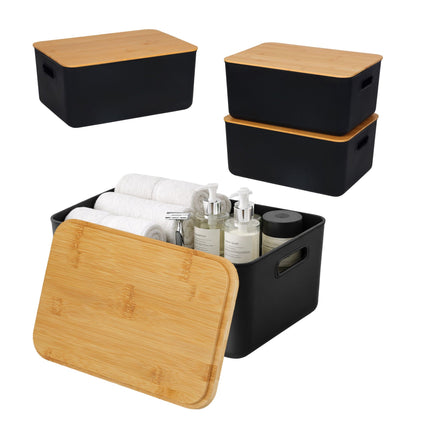 Set cutii de depozitare din plastic cu capac din bambus, stivuibile