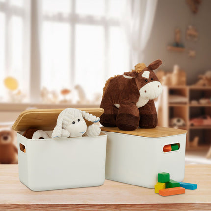 Set cutii de depozitare din plastic cu capac din bambus, stivuibile
