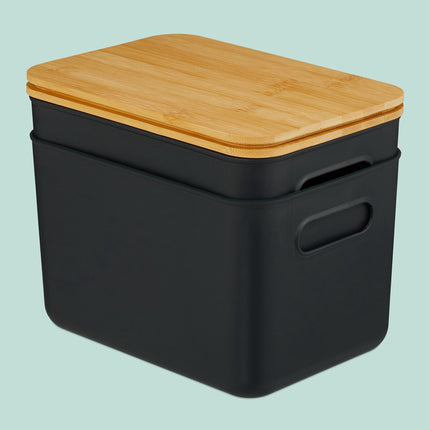 Set cutii de depozitare din plastic cu capac din bambus, stivuibile