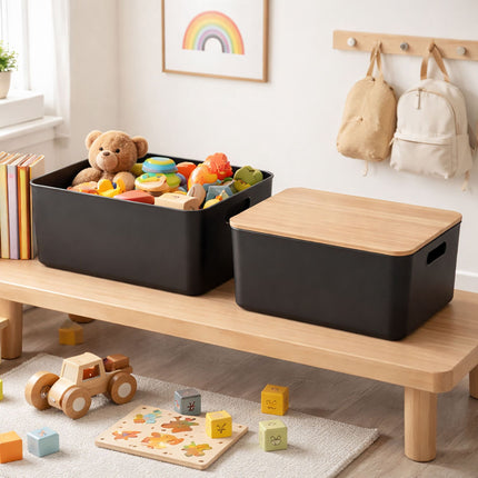 Set cutii de depozitare din plastic cu capac din bambus, stivuibile