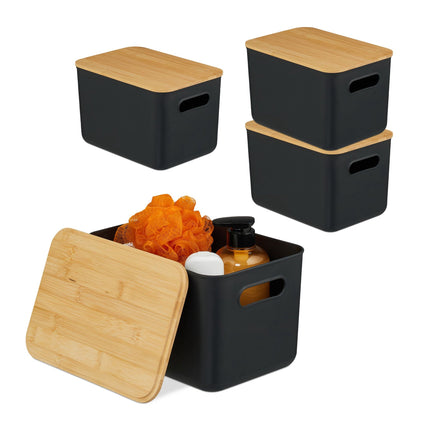 Set cutii de depozitare din plastic cu capac din bambus, stivuibile