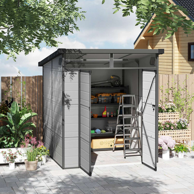 Magazin pentru scule din plastic 3,24m³ 190x191x215cm Magazin pentru scule cu acoperiș încuiat, ușă cu blocare, șopron de grădină rezistent la intemperii, dulap de grădină în aer liber pentru curte, zonă exterioară, gri deschis