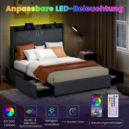 Pat platformă cu lumini LED, stație de încărcare, gri, 200x160 cm