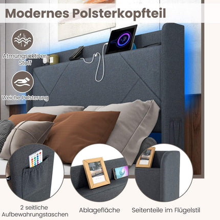 Pat platformă cu lumini LED, stație de încărcare, gri, 200x160 cm