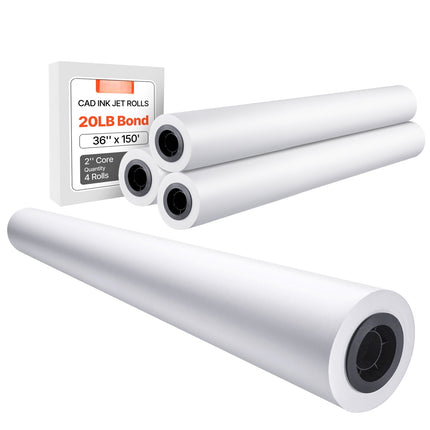 Plotter Paper Rolls, 36 in x 150 ft, 4 Pack, 20 lb Bond, 2 in Core