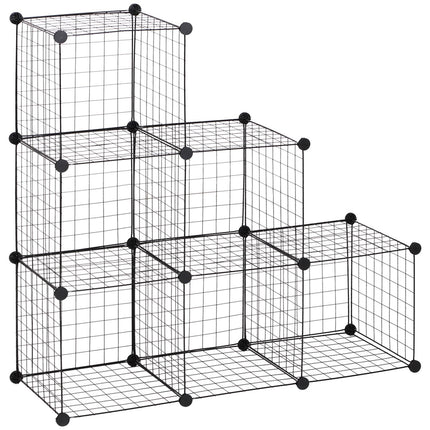 Raft cu priză, sistem de rafturi cu 6 compartimente, raft cub DIY din plasă de sârmă, poliță treptă pentru living, dormitor, negru, 109 x 37 x 109 cm Aosom