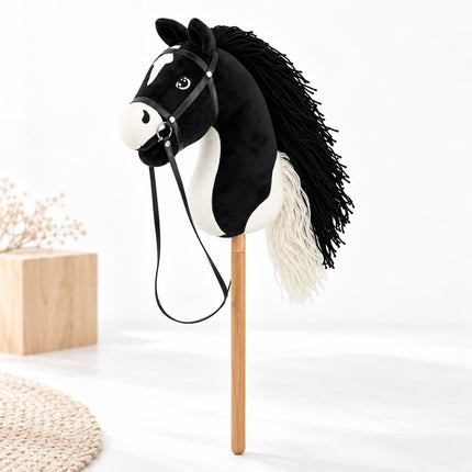 Plush Hobby Horse on Beech Wood Stick with Bridle and Reins, Black