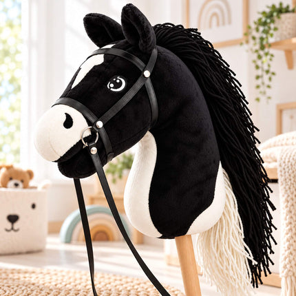 Plush Hobby Horse on Beech Wood Stick with Bridle and Reins, Black