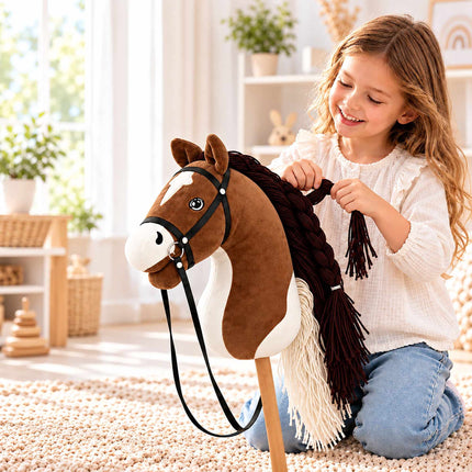 Plush Hobby Horse on Beech Wood Stick with Bridle and Reins, Brown