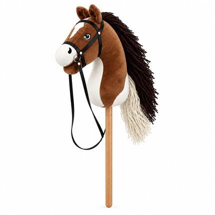 Plush Hobby Horse on Beech Wood Stick with Bridle and Reins, Brown