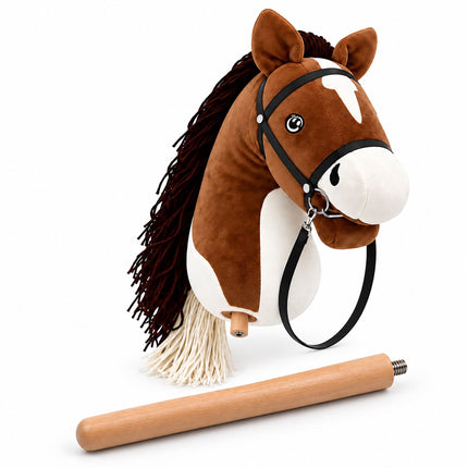 Plush Hobby Horse on Beech Wood Stick with Bridle and Reins, Brown
