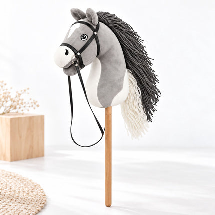Plush Hobby Horse on Beech Wood Stick with Bridle and Reins, Grey