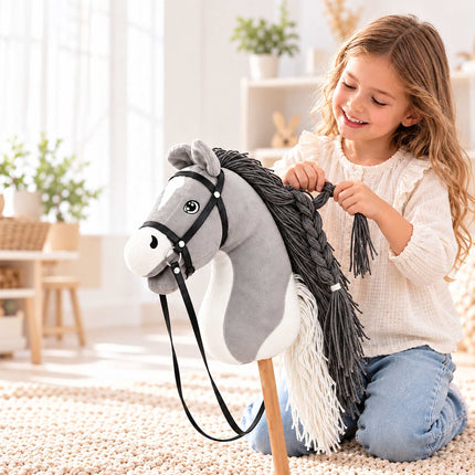 Plush Hobby Horse on Beech Wood Stick with Bridle and Reins, Grey
