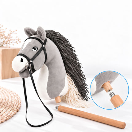 Plush Hobby Horse on Beech Wood Stick with Bridle and Reins, Grey