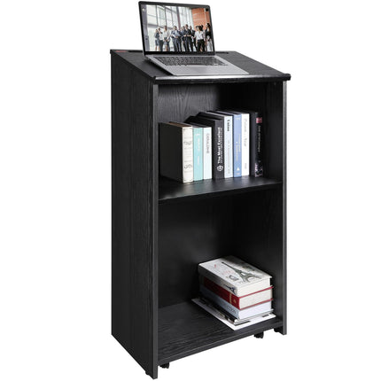 Podium Stand, 47-Inch Rolling Lectern With Shelves, Black