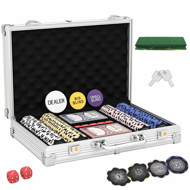 Set de jetoane de poker cu carcasă, zaruri, buton dealer, 2 pachete de cărți