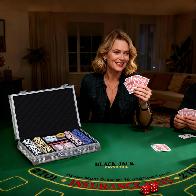 Set de jetoane de poker cu carcasă, zaruri, buton dealer, 2 pachete de cărți