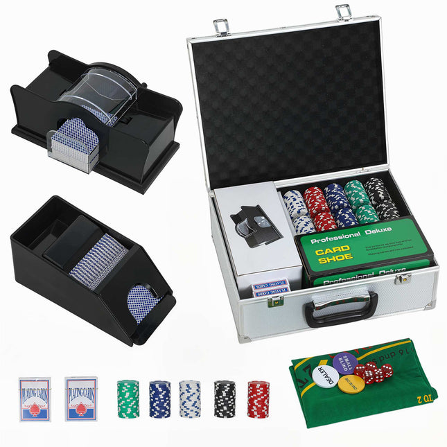 Set de poker cu 300 de jetoane, 2 pachete de cărți, zaruri, cutie pentru 8 jucători