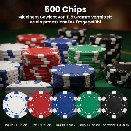 Set de poker cu 500 de jetoane, 2 pachete de cărți, zaruri, cutie pentru 10 jucători