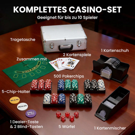 Set de poker cu 500 de jetoane, 2 pachete de cărți, zaruri, cutie pentru 10 jucători