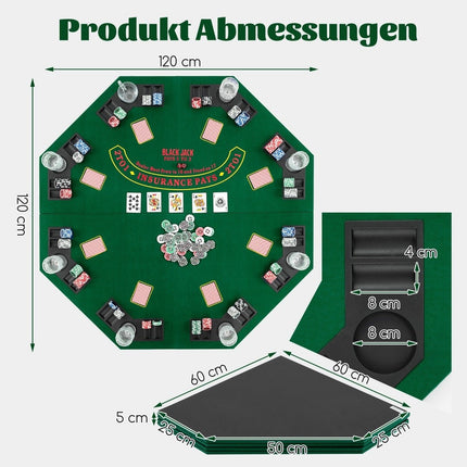 Poker mat 120 x 120 cm Texas Holdem poker table cover foldable for 8 players with drink holders green