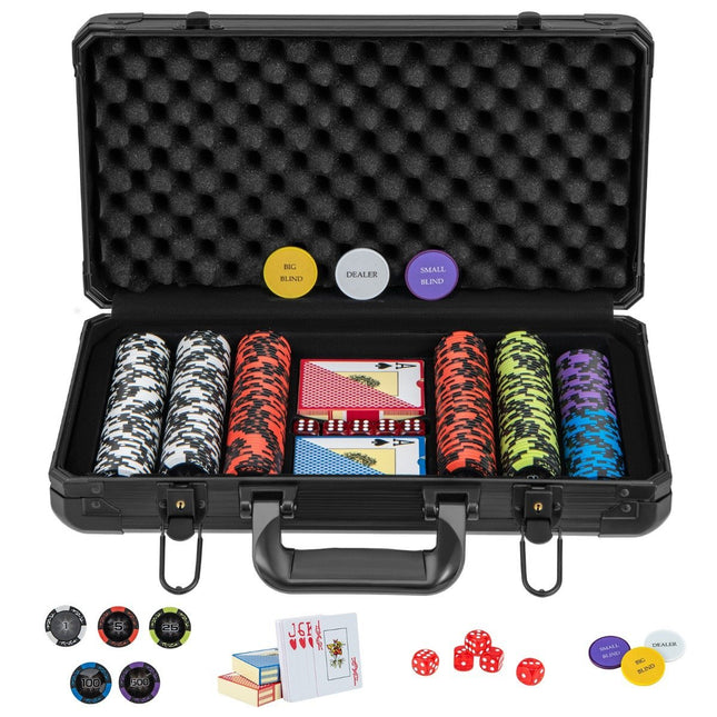 Poker set with 300 laser chips & playing cards & 5 dice & 3 dealer chips & 2 keys poker case