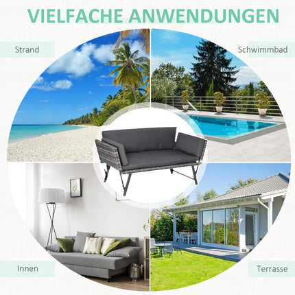 Canapea de Gradina Polyrattan Canapea Lounge 2 locuri Gri, Cotiere Rabatabile, Otel, 129X63X67Cm, Pentru Gradina & Terasa
