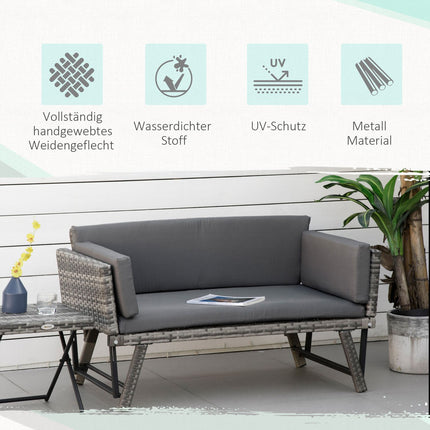 Canapea de Gradina Polyrattan Canapea Lounge 2 locuri Gri, Cotiere Rabatabile, Otel, 129X63X67Cm, Pentru Gradina & Terasa